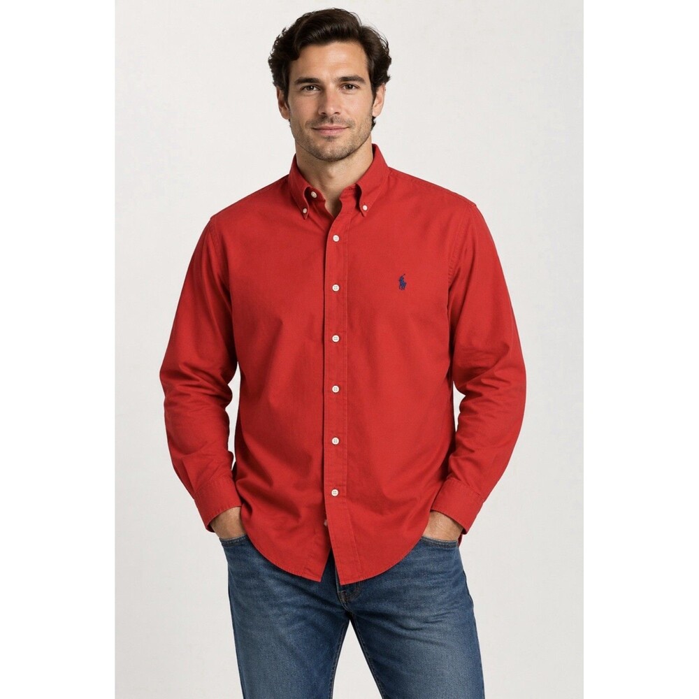 Ralph Lauren Custom Fit Mens Red Oxford Button Down Shirt Blue Pony Logo XL